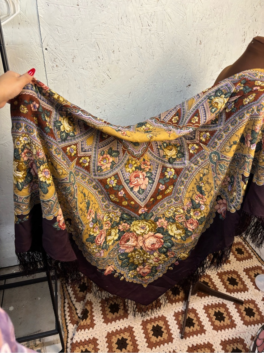 Vintage Huge Floral Fringe Brown Pink Scarf Shawl - Picture 4 of 5